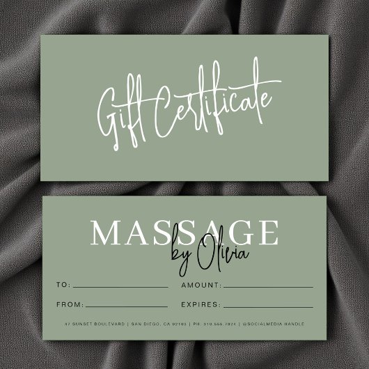 Salbeigrüne Geschenkgutschein für Massagetherapeut
