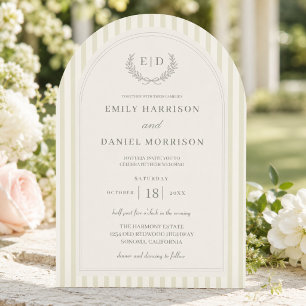 Salbeigrüne gestreifte Monogramm-Hochzeit Einladung