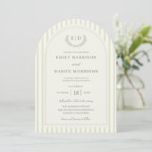 Salbeigrüne gestreifte Monogramm-Hochzeit Einladung (Stehend Vorderseite)