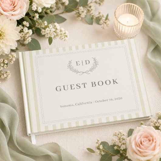 Salbeigrüne gestreifte Monogramm-Hochzeit Gästebuch