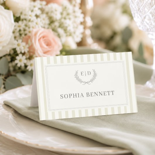 Salbeigrüne gestreifte Monogramm-Hochzeit Platzkarte