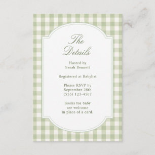 Salbeigrüne Gingham-Baby-Shower-Details Begleitkarte
