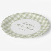Salbeigrüne Gingham-Baby-Shower-Papierplatten Pappteller (Schrägansicht)