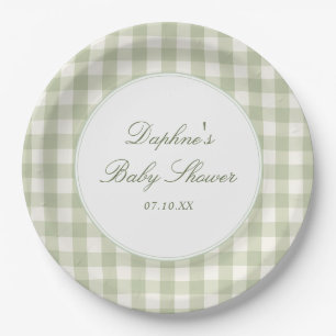 Salbeigrüne Gingham-Baby-Shower-Papierplatten Pappteller