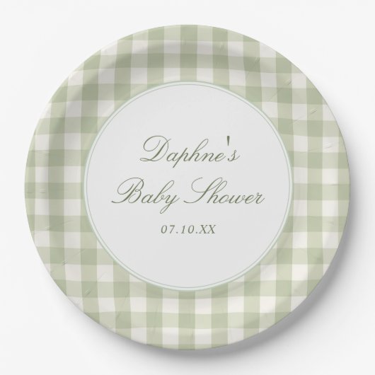 Salbeigrüne Gingham-Baby-Shower-Papierplatten Pappteller (Vorderseite)