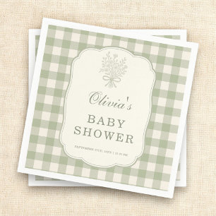 Salbeigrüne Gingham-Baby-Shower-Party Serviette
