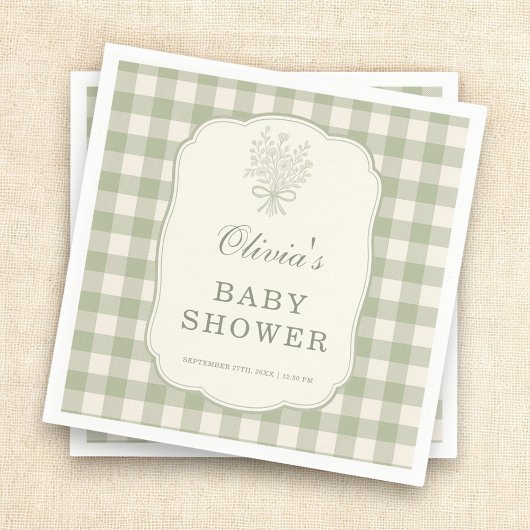 Salbeigrüne Gingham-Baby-Shower-Party Serviette