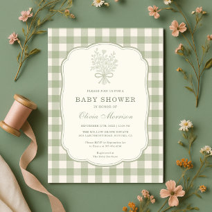 Salbeigrüne Gingham-Blumen-Schleifen-Baby-Party Einladung