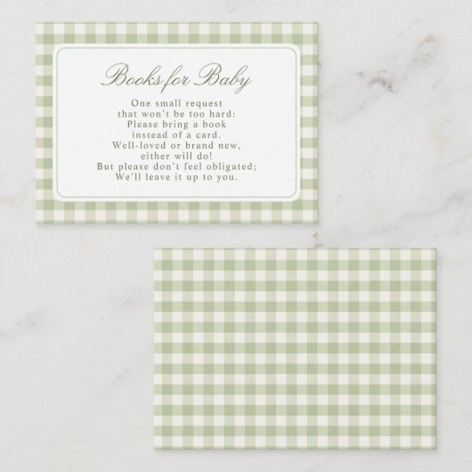 Salbeigrüne Gingham-Bücher Baby-Party Begleitkarte (Vorne/Hinten)