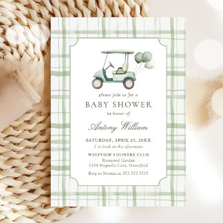 Salbeigrüne Gingham-Golf-Baby-Shower-Einladung  Einladung