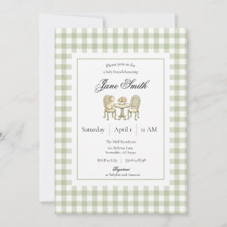 Salbeigrüne Gingham-Kätzchen-Baby-Party-Einladung