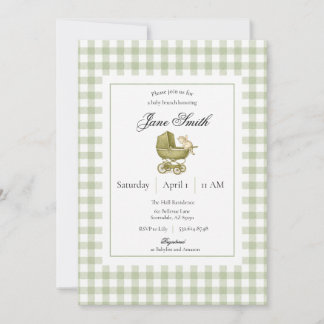 Salbeigrüne Gingham-Kätzchen-Baby-Party-Einladung