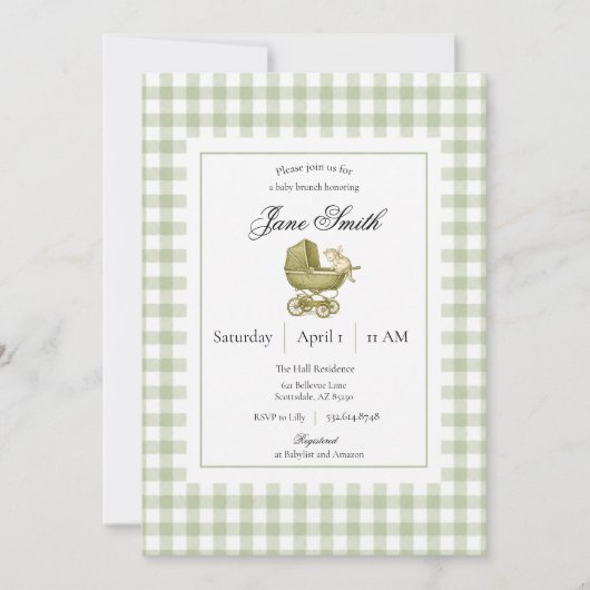Salbeigrüne Gingham-Kätzchen-Baby-Party-Einladung (Vorderseite)