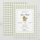 Salbeigrüne Gingham-Kätzchen-Baby-Party-Einladung (Vorne/Hinten)