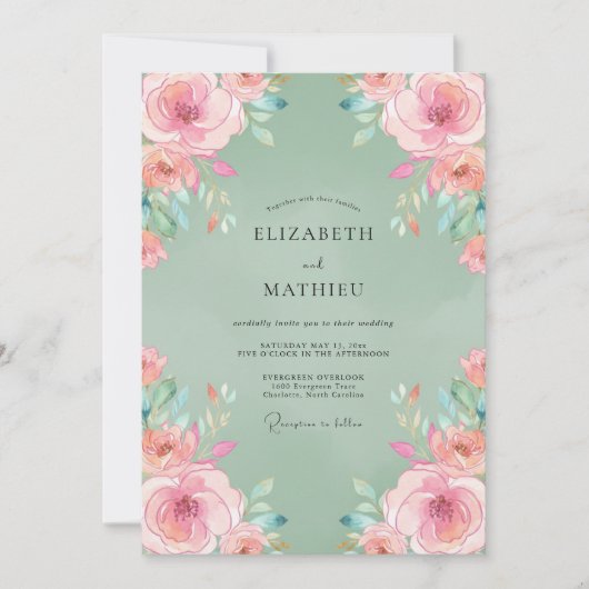 Salbeigrüne glückliche Rosenhochzeit Einladung (Vorderseite)