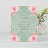 Salbeigrüne glückliche Rosenhochzeit Einladung (Stehend Vorderseite)