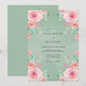 Salbeigrüne glückliche Rosenhochzeit Einladung (Vorne/Hinten)