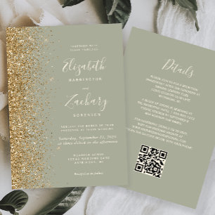 Salbeigrüne Gold-Glitter-QR-Code-Hochzeit Einladung