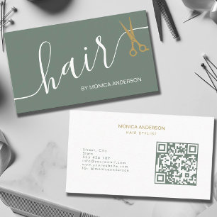 Salbeigrüne Gold Haar Schrift Schere QR Code Visitenkarte