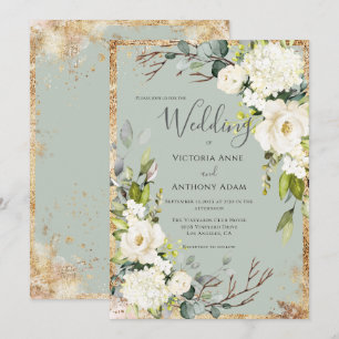 Salbeigrüne Goldene Rustikale Florale Hochzeitsein Einladung