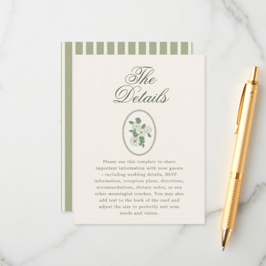 Salbeigrüne Hochzeitsdetails Begleitkarte (Vorderseite/Rückseite Beispiel)