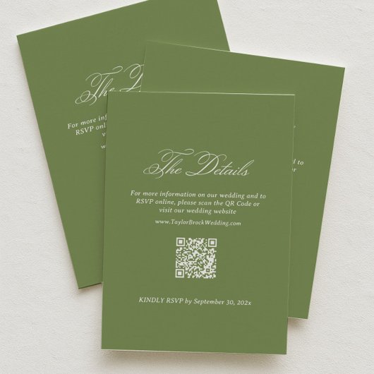 Salbeigrüne Hochzeitsdetails RSVP Qr Code Begleitkarte