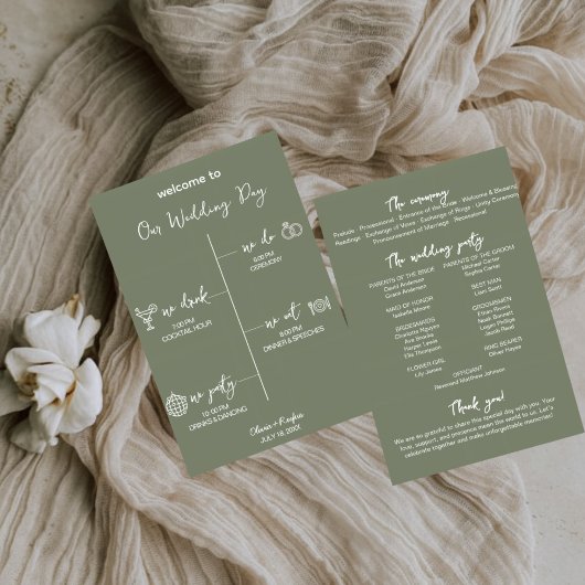 Salbeigrüne Hochzeitsprogrammkarte - bearbeitbare Programm