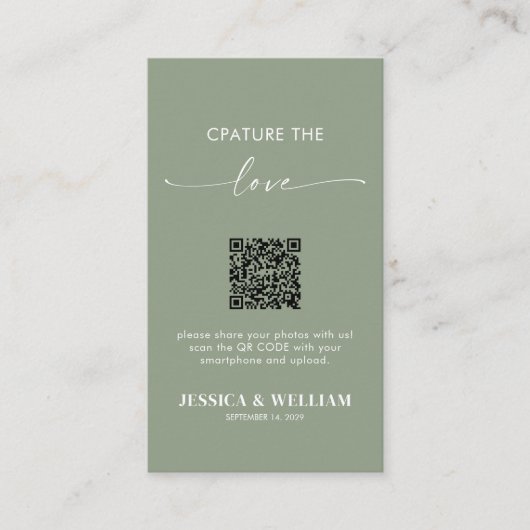 Salbeigrüne Kalligrafie Erfasse die Liebe QR-Code Begleitkarte (Vorderseite)