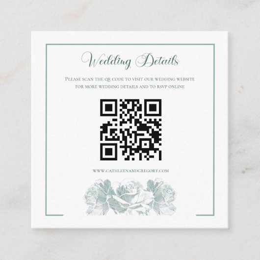 Salbeigrüne Kalligrafie QR-Code Hochzeit Begleitkarte (Vorderseite)