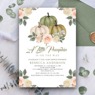 Salbeigrüne Kürbis-Pfirsich-Blumen Herbst-Baby-Par Einladung