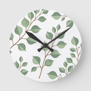 Salbeigrüne Laubzweige Botanische Wasserfarbe  Runde Wanduhr