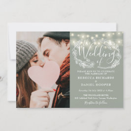 Salbeigrüne Lichterkette Blumen Foto Hochzeit Einladung