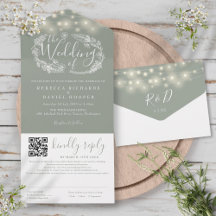 Salbeigrüne Lichterkette Blumen QR-Code Hochzeit