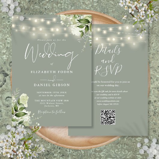 Salbeigrüne Lichterkette Blumen QR-Code Hochzeit Einladung