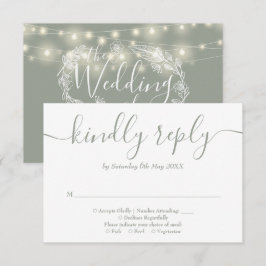 Salbeigrüne Lichterkette Blumenhochzeit RSVP Karte