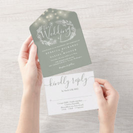 Salbeigrüne Lichterkette Hochzeit Laub All In One Einladung