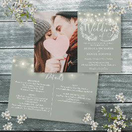 Salbeigrüne Lichterketten Foto All-in-One-Hochzeit Einladung