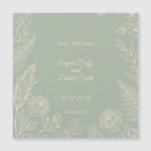 Salbeigrüne Linienkunst Blumen Save The Date Magne Magnetkarte