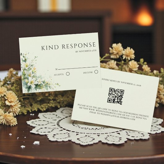 Salbeigrüne Maiglöckchen-Blumen-QR-Code-Hochzeit RSVP Karte