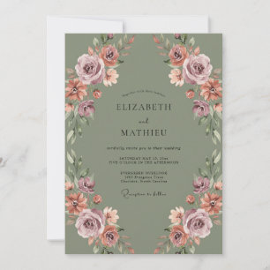 Salbeigrüne Malven-Blumen-Hochzeit im Herbst Einladung