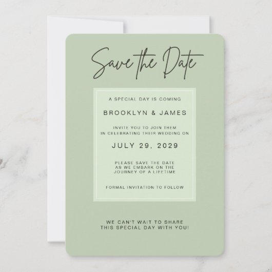 Salbeigrüne Minimal-Hochzeit - Save the Date Einladung (Vorderseite)