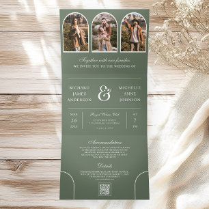 Salbeigrüne Minimale Bögen Foto QR-Code Hochzeit Dreifach Gefaltete Einladung