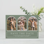 Salbeigrüne Minimale Bögen-Foto-QR-Code-Hochzeit Save The Date (Stehend Vorderseite)