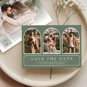 Salbeigrüne Minimale Bögen-Foto-QR-Code-Hochzeit Save The Date