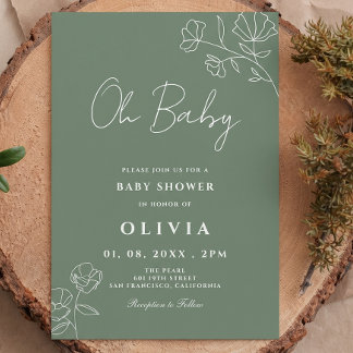 Salbeigrüne Minimalistische Linienblumen Oh Baby S Einladung