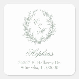 Salbeigrüne Monogramm-Blumenkranz-Hochzeit Quadratischer Aufkleber