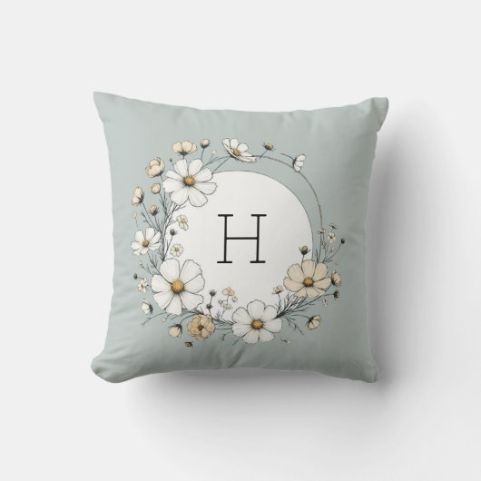 Salbeigrüne Monogramm Boho Blumen Personalisiert Kissen (Vorderseite)