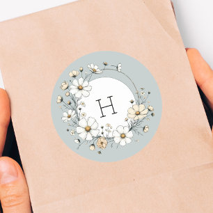 Salbeigrüne Monogramm Boho Blumen Personalisiert Runder Aufkleber