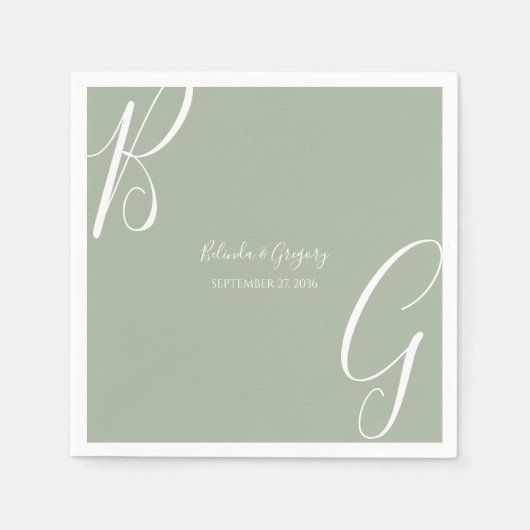 Salbeigrüne Monogramm-Initialen Hochzeit Serviette (Vorderseite)
