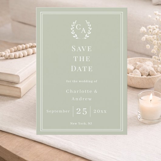 Salbeigrüne Monogramm-Kranz-Hochzeit Save The Date